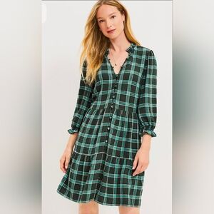 LOFT Plaid Ruffle Button Swing Dress Spring Pine Large NWT